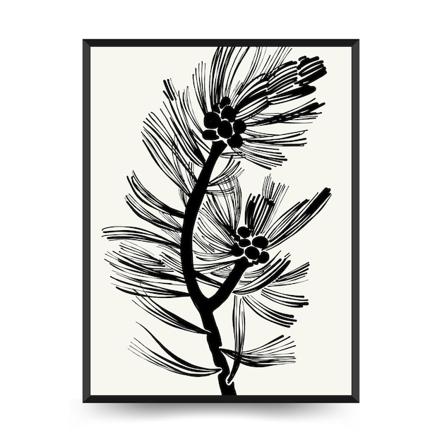 Abstract floral posters template. Modern Botanical trendy black style. Vintage flowers. Ink wall  ar