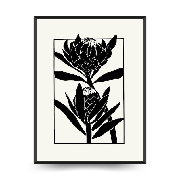 Abstract floral posters template. Modern Botanical trendy black style. Vintage flowers. Ink wall  ar
