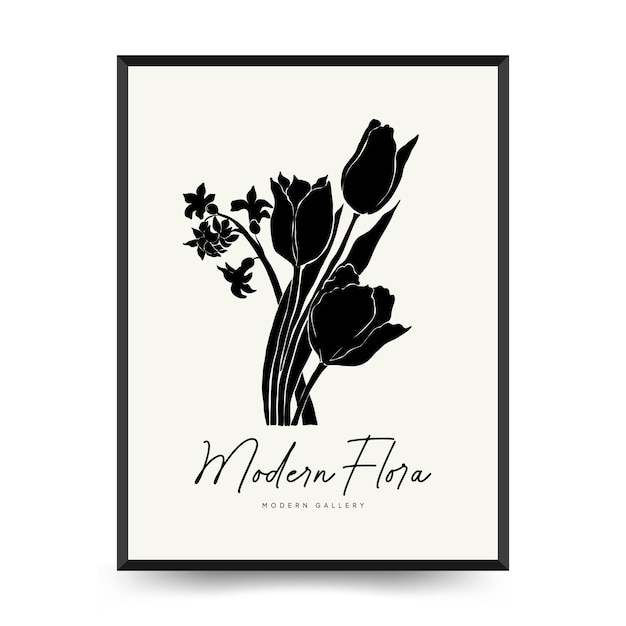 추상 꽃 포스터 템플릿입니다. 모던 보태니컬 트렌디한 블랙 스타일. 빈티지 꽃. 잉크 월 아르