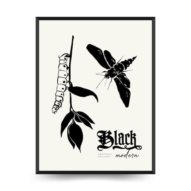 Abstract floral posters template. Modern Botanical trendy black style. Vintage flowers. Ink wall  ar