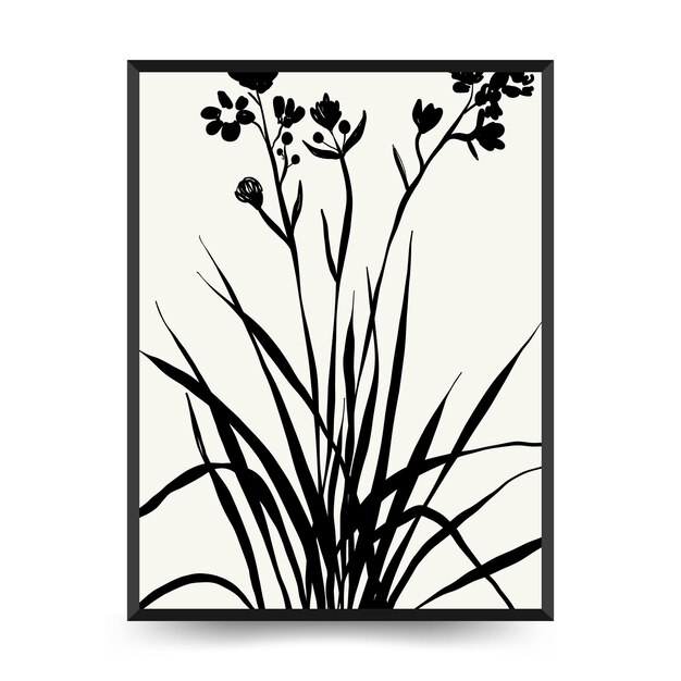 Abstract floral posters template. Modern Botanical trendy black style. Vintage flowers. Ink wall  ar