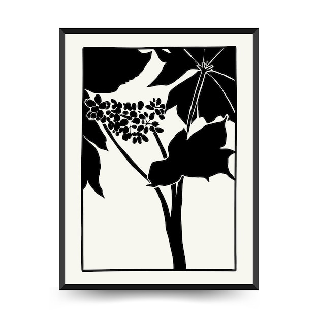 Abstract floral posters template. Modern Botanical trendy black style. Vintage flowers. Ink wall  ar