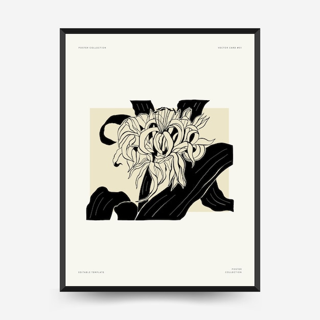 Abstract floral posters template. Modern Botanical trendy black style. Vintage flowers. Ink wall art