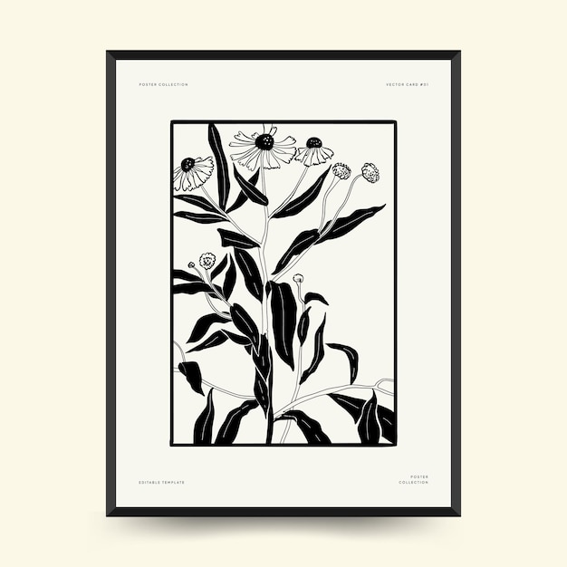 Abstract floral posters template. Modern Botanical trendy black style. Vintage flowers.