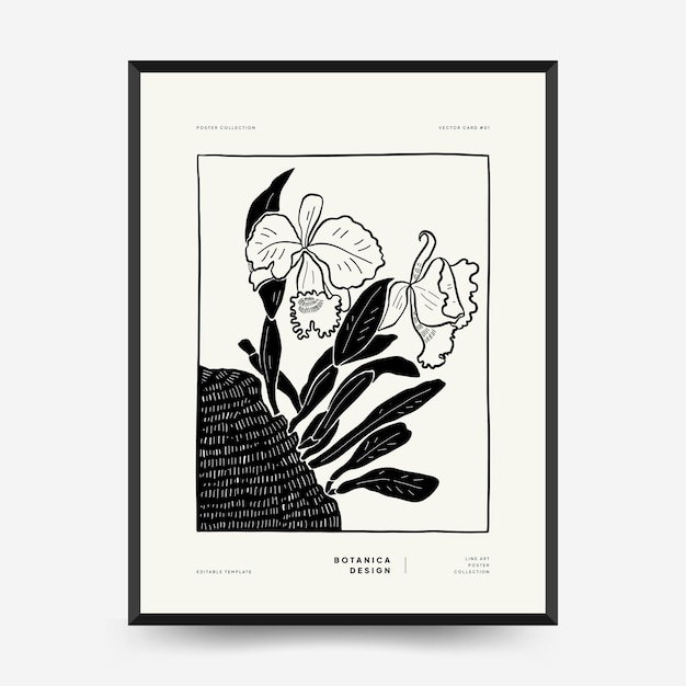 Abstract floral posters template. Modern Botanical trendy black style. Vintage flowers.