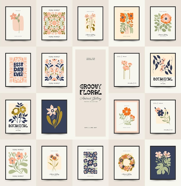 Abstract floral posters template Modern trendy Matisse minimal style Groovy Hand drawn