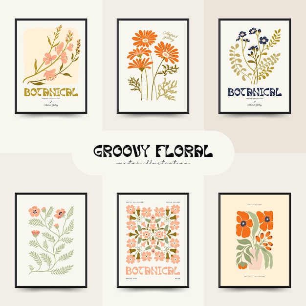 Abstract floral posters template Modern trendy Matisse minimal style Groovy Hand drawn