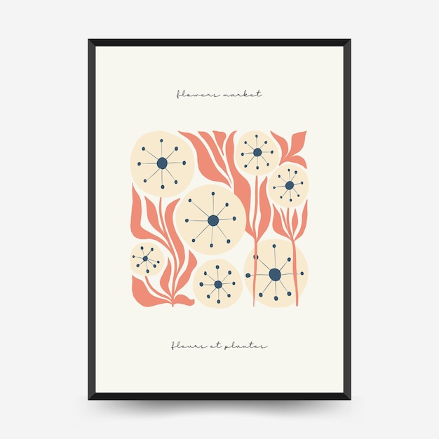 추상 꽃 포스터 템플릿입니다. 현대적인 트렌디한 마티스 미니멀 스타일. 핑크와 블루 색상.