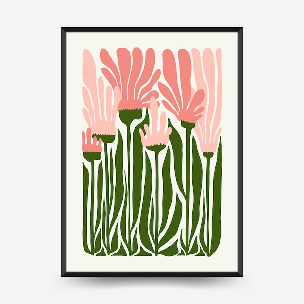 Abstract floral posters template. Modern trendy Matisse minimal style. Pink and blue colors.