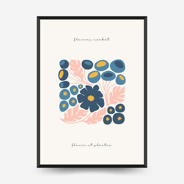 Vector abstract floral posters template modern trendy matisse minimal style pink and blue colors