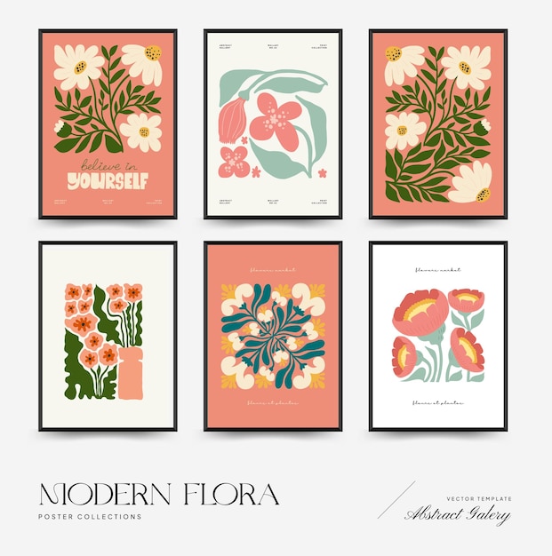 Abstract floral posters template modern trendy matisse minimal style pink and blue colors