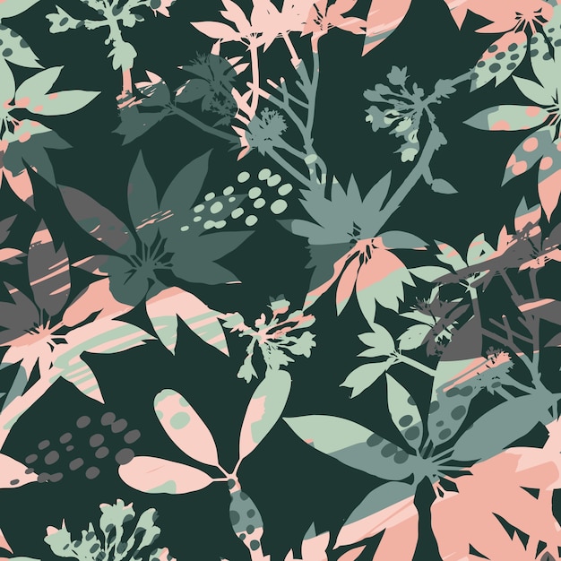 Abstract floral seamless pattern silhouettes of leaves and artistic background.