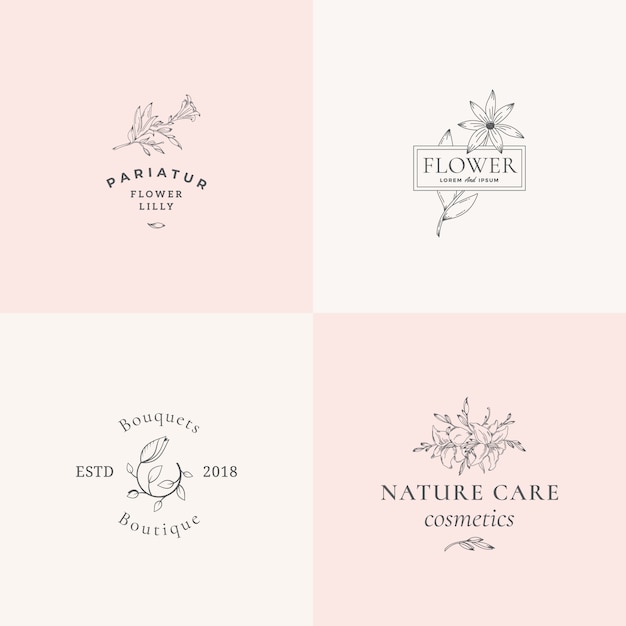 Abstract floral  signs or logo templates set. retro feminine illustration with classy typography. premium flower emblems for beauty salon, spa, wedding boutiques, care cosmetics, etc.