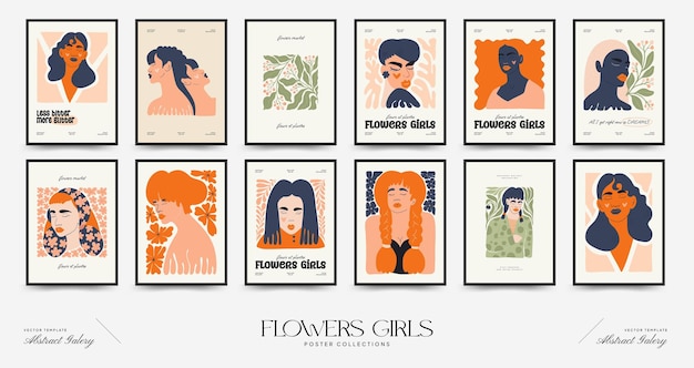 추상적인 꽃과 여성 포스터 템플릿 현대적인 트렌디 매티스 미니멀 스타일 귀여운 소녀와 패션