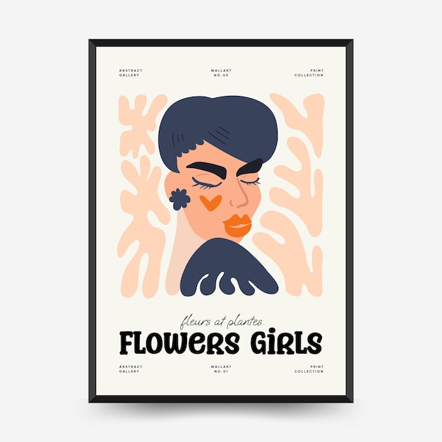 Abstract floral and women posters template Modern trendy Matisse minimal style Cute girl