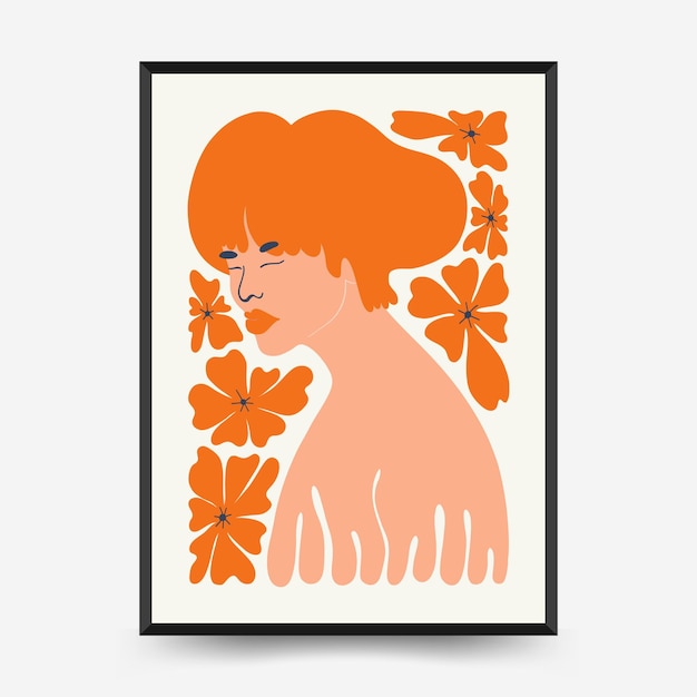 Abstract floral and women posters template Modern trendy Matisse minimal style Cute girl