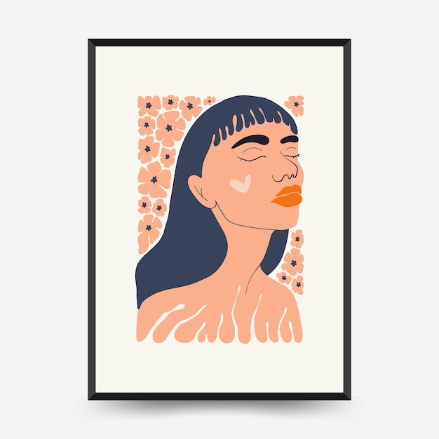 추상 꽃과 여성 포스터 템플릿 현대 유행 Matisse 최소한의 스타일 귀여운 소녀