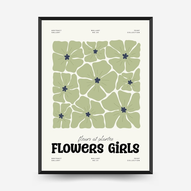 추상 꽃과 여성 포스터 템플릿 현대 유행 Matisse 최소한의 스타일 귀여운 소녀
