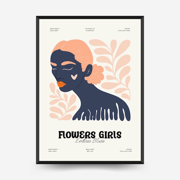 Abstract floral and women posters template Modern trendy Matisse minimal style Cute girl