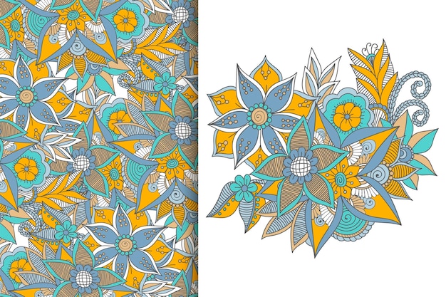 Abstract flower bouquet with seamless pattern Floral background set