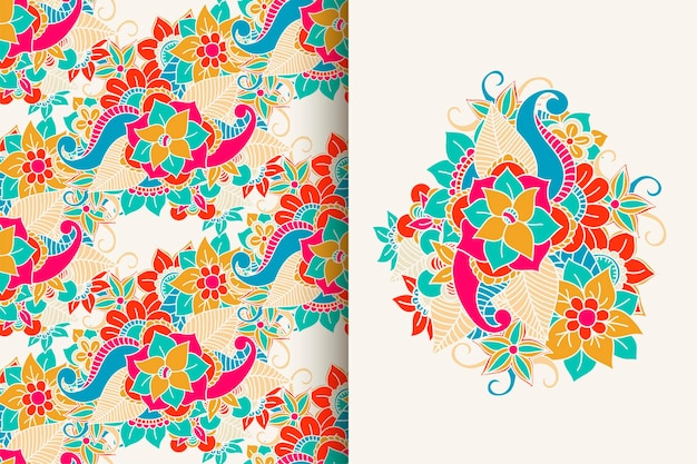 Abstract flower bouquet with seamless pattern Floral background set