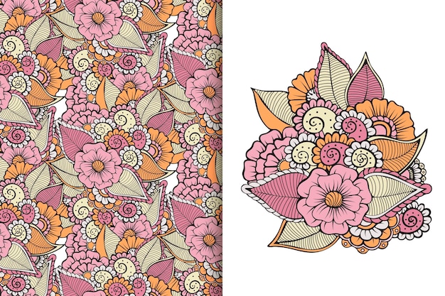 Abstract flower bouquet with seamless pattern Floral background set