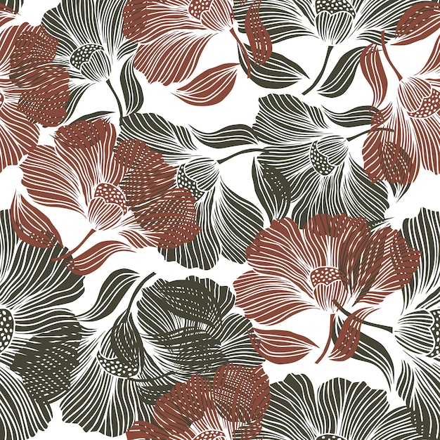 Abstract flower line seamless pattern Delicate floral vintage outline endless background Retro style