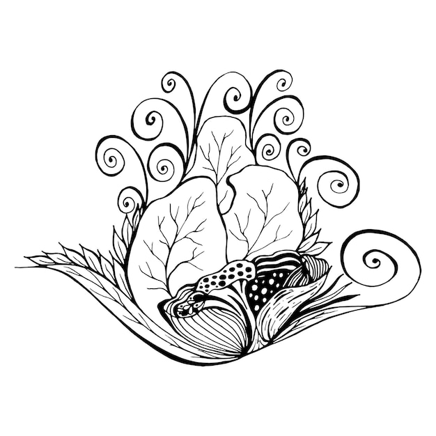 abstract flower with leaves black line in doodle style