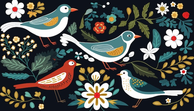 抽象的な花と鳥のイラスト パターン 手描きの最小限の抽象