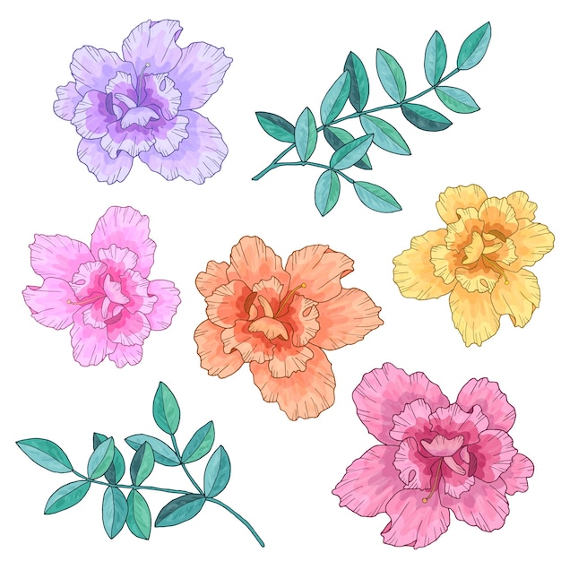Abstract flowers of different colors and green branches with leaves. Hand drawn   illustration.