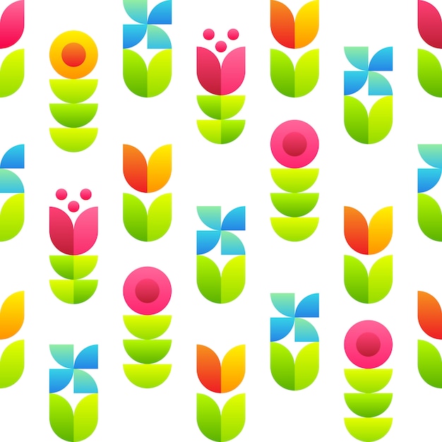 Abstract flowers seamless pattern - tulips, bellflowers and leaves