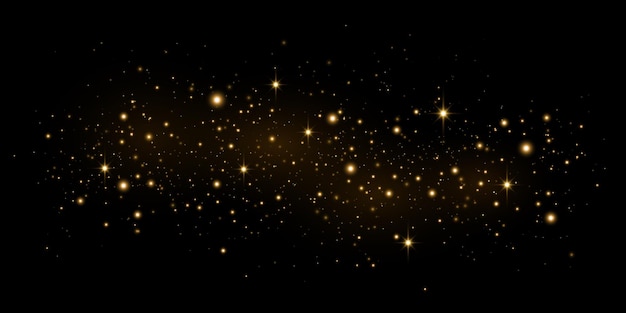 Абстрактные летающие огни с светящимися звездами эффект света с динамической золотой магической пылью, изолированной на черном фоне