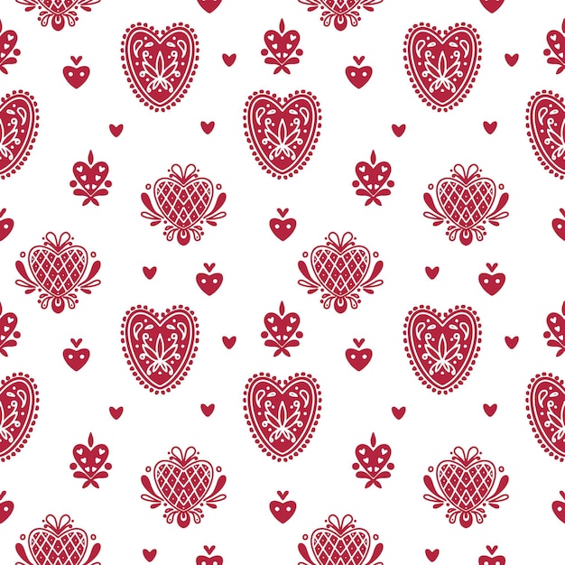 Abstract folk seamless pattern with hearts and decorative elements