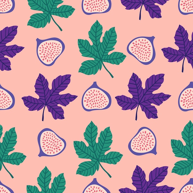 Abstract fruit pattern with figs and leaves. tropical seamless pattern with fig and leaves on pink background. vector illustration in hand drawn style. ornament for textile and wrapping.