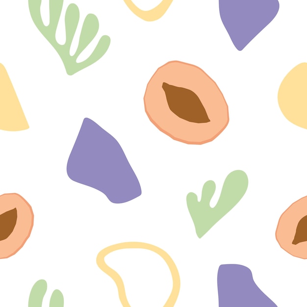 Vector abstract fruit seamless pattern with abricott and botanical elements vector background perfect for natural product packaging stationery or textile design