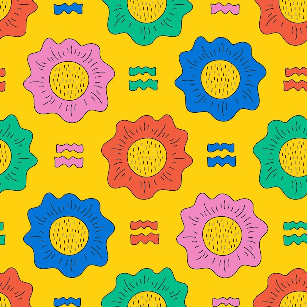 Abstract funky flowers seamless pattern with vibrant color Repeat vector illustration
