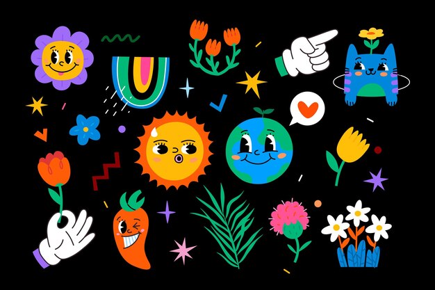 Vector abstract funny cute characters and elements nature rainbows flowers and funky icons vivid vectors