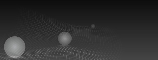 Vettore sfondo futuristico astratto nei colori nero e grigio con superficie a maglie curve e diverse sfere