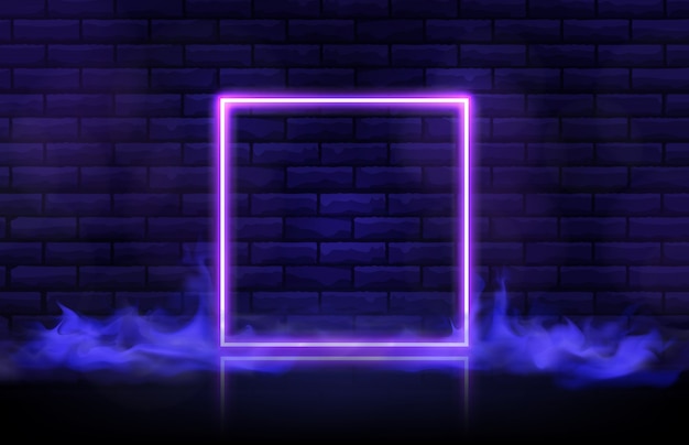 Abstract futuristic background of square neon frame and smoke