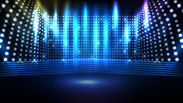 Abstract futuristic blue background of glowing stage with beautiful spotlight ray