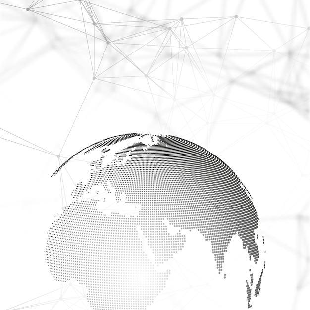 Abstract futuristic network shapes. high tech hud background, connecting lines and dots, polygonal linear texture. world globe on gray. global network connections, geometric design, dig data concept.