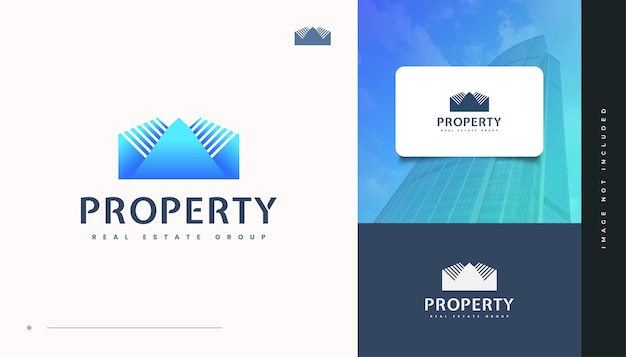 青いグラデーションで抽象的で未来的な不動産のロゴデザイン。建設、建築または建物のロゴデザイン