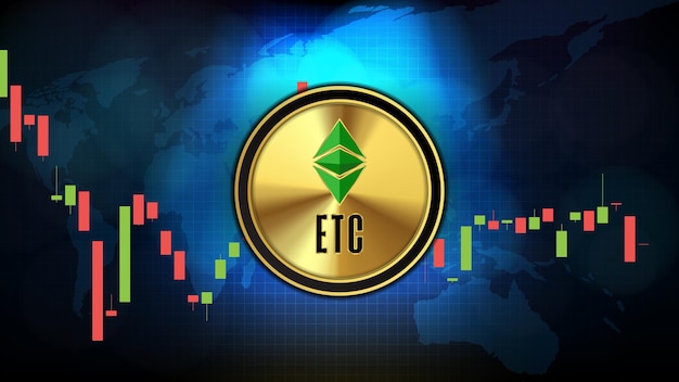 Abstract futuristic technology background of Ethereum Classic (ETC) coin digital cryptocurrency and market graph volume indicator