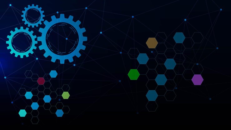 Vector abstract gear wheel for industrial technology concept with hexagons and connecting dots and lines