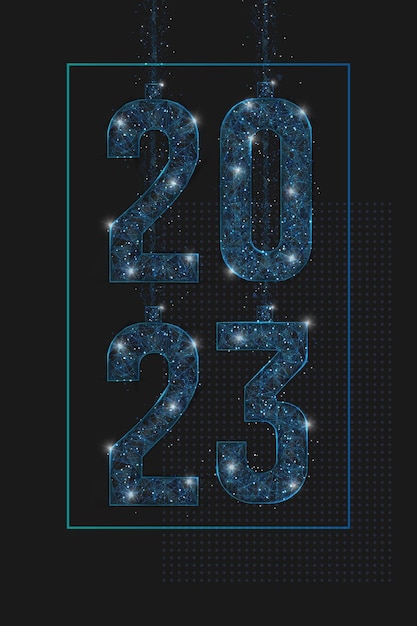 Abstract geïsoleerd blauw beeld van nieuwjaar nummer 2023 Veelhoekige laag poly draadframe illustratie ziet eruit als sterren in de blask nachtelijke hemel in spase of vliegende glasscherven Digitaal web internet ontwerp