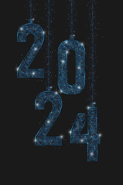 Abstract geïsoleerd blauw beeld van nieuwjaarsnummer 2024 Veelhoekige laag poly draadframe illustratie ziet eruit als sterren in de blask nachtelijke hemel in spase of vliegende glasscherven Digitaal web internet ontwerp