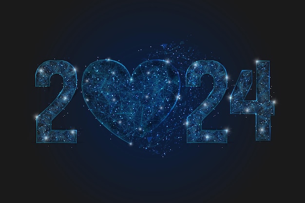 Abstract geïsoleerde blauwe afbeelding van het nieuwe jaar nummer 2024 Polygonal low poly wireframe illustratie ziet eruit als sterren in de blask nachtelijke hemel in de ruimte of vliegende glazen scherven Digitaal web internet design
