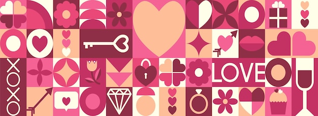 Vector abstract geometric background for happy valentines day with symbols of love heart gift lips jewel