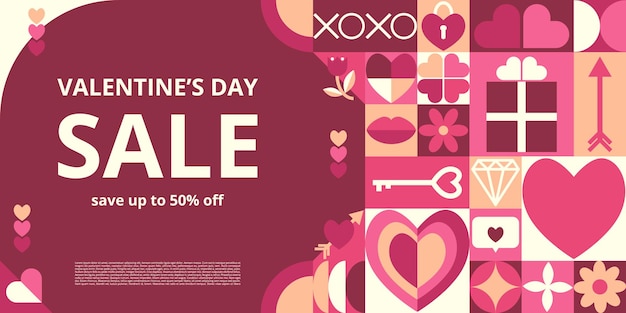 Vector abstract geometric banner on dark background for happy valentines day with symbols of love