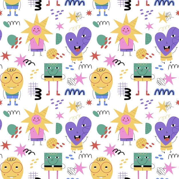 Vector abstract geometric characters pattern basic figures cute faces legs and hands funny print modern creatures seamless texture decor textile wrapping wallpaper vector cartoon doodle illustration